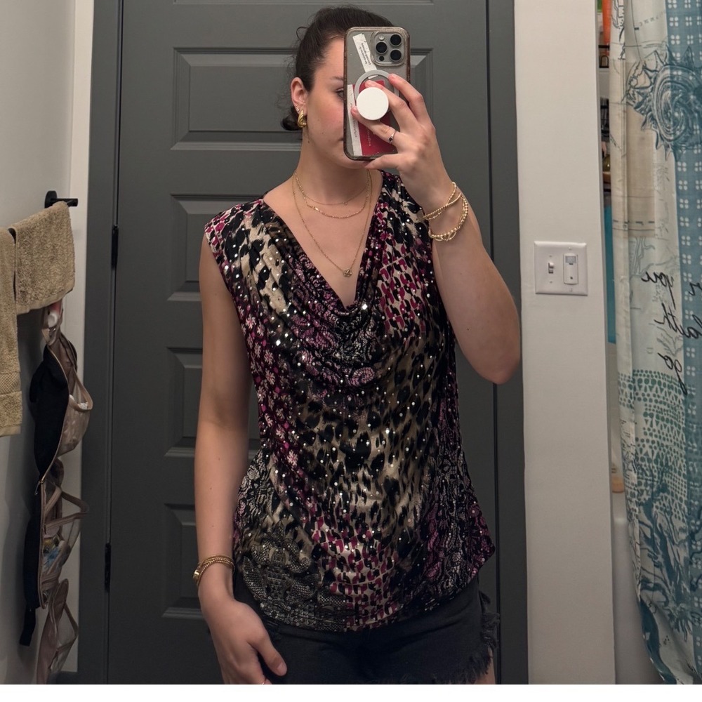 Dressbarn Womens Small Pink Animal Print Sequin Cowl Neck Sleeveless Top